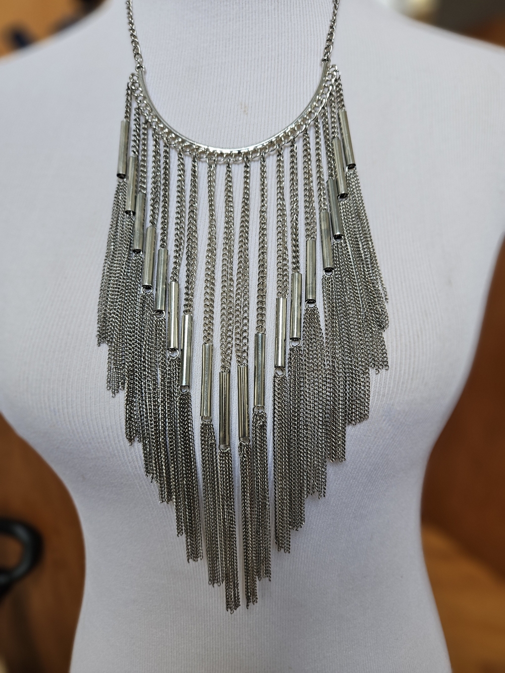 Source Unknown Silver Layered Fringe Necklace